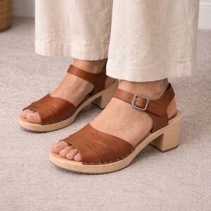 Lotta from Stockholm Brown Leather Swedish Wooden Clog Sandals Heel Size 40/10US